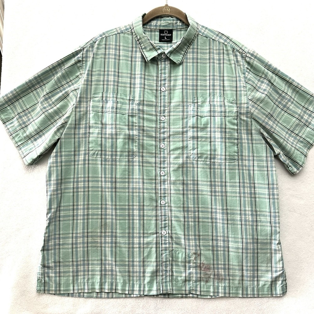 SCOTTEVEST Docksider Shirt L Large Green Plaid 7 Pockets Travel Button Front